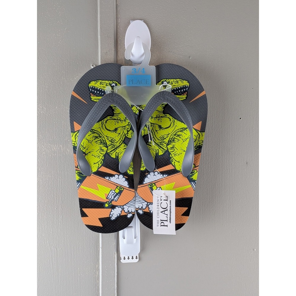 The Childrens Place Boys T-Rex Skateboard Flip Flops Grey Green Size 3/4